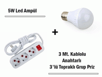 5W Led Ampul + 3 Metre Uzatmalı Anahtarlı 3lü Priz Set