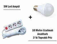 5W Led Ampul + 10 Metre Uzatmalı Anahtarlı 3lü Priz Set