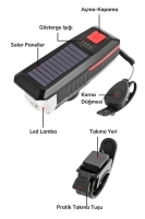 Solar Ledli Bisiklet Feneri Kornalı  USB ile Şarj Edilebilir  Su Geçirmez Far